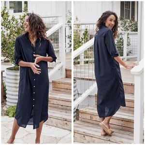 Frank & Eileen Rory Woven Long Dress in Navy Blue 100% Organic Cotton Size XL